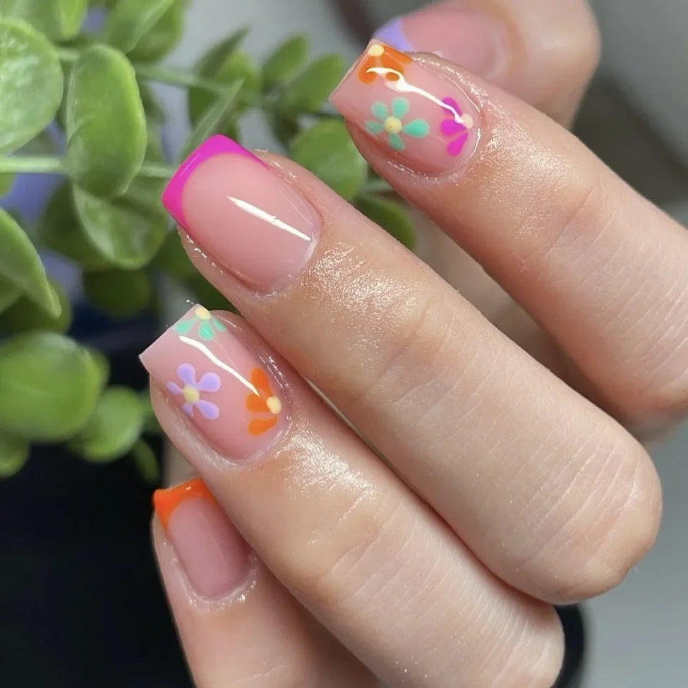 24pcs Short Square Press On Nails With Flower Design French Tip Fake Nails Spring Summer Full Cover False Nails For Women Girls