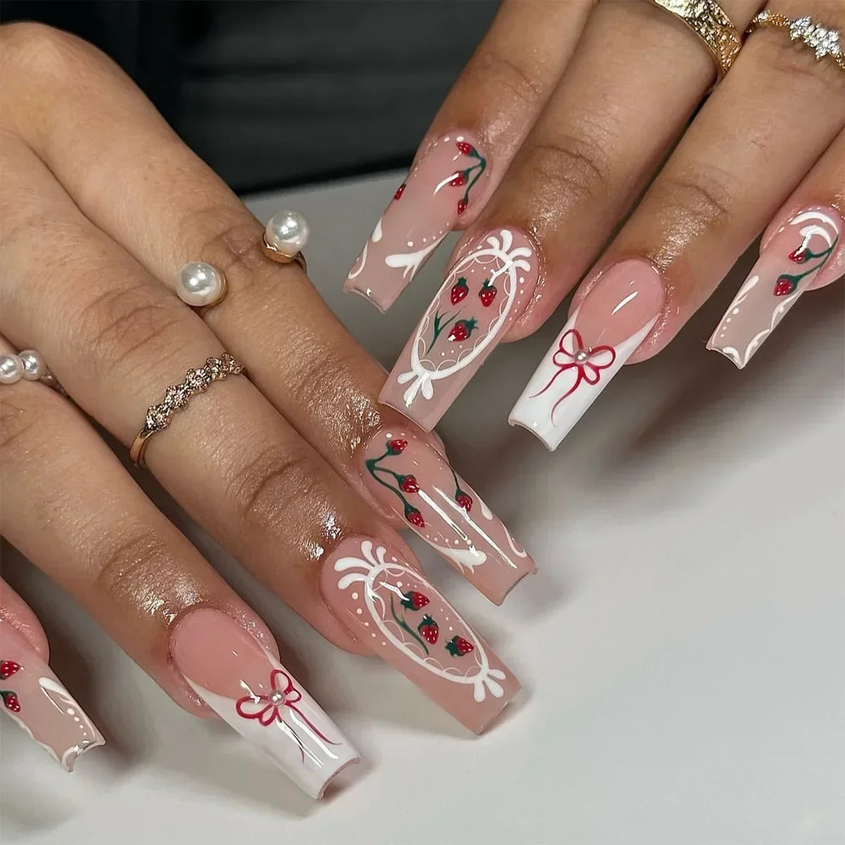 24Pcs Long Ballet False Nails Pink Butterfly with Rhinestones French Design Wearable Fake Nails Glitter Press on Nails Tips Art