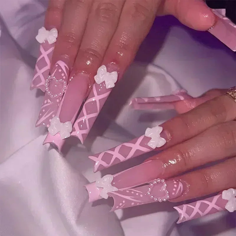 24Pcs Long Ballet False Nails Pink Butterfly with Rhinestones French Design Wearable Fake Nails Glitter Press on Nails Tips Art