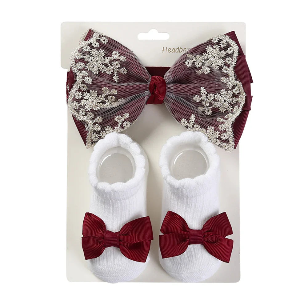 3Pcs/Set Leg Ruffled Cotton Socks Baby Girls  Kids Clothing with Lacework Toddlers Cotton Hair Ribbon Bows Sock Elastic Hairband