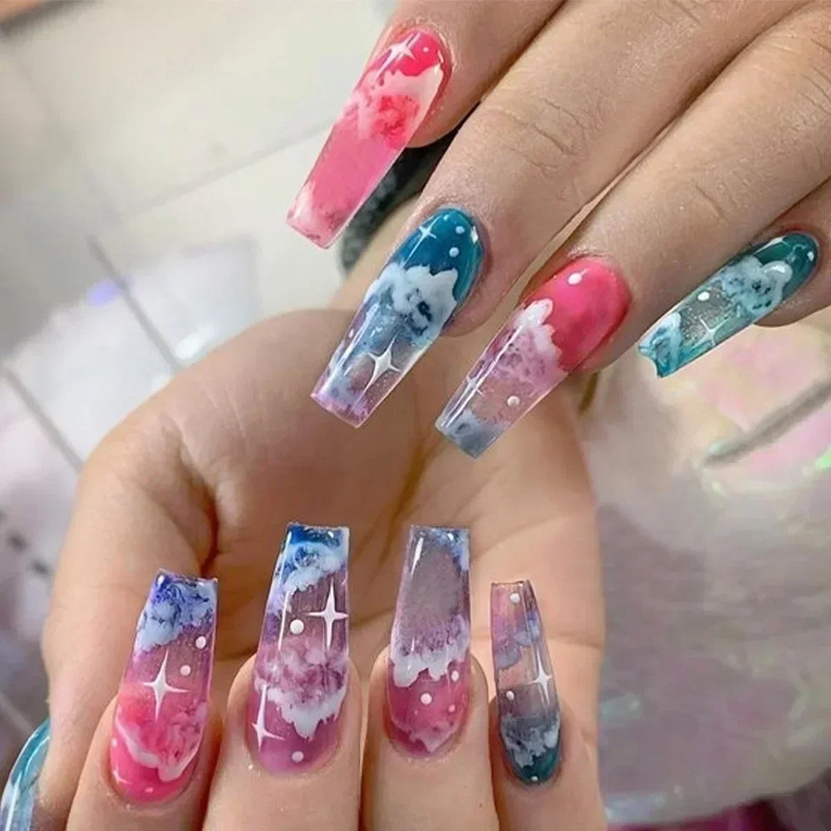 24Pcs Long Ballet False Nails Pink Butterfly with Rhinestones French Design Wearable Fake Nails Glitter Press on Nails Tips Art