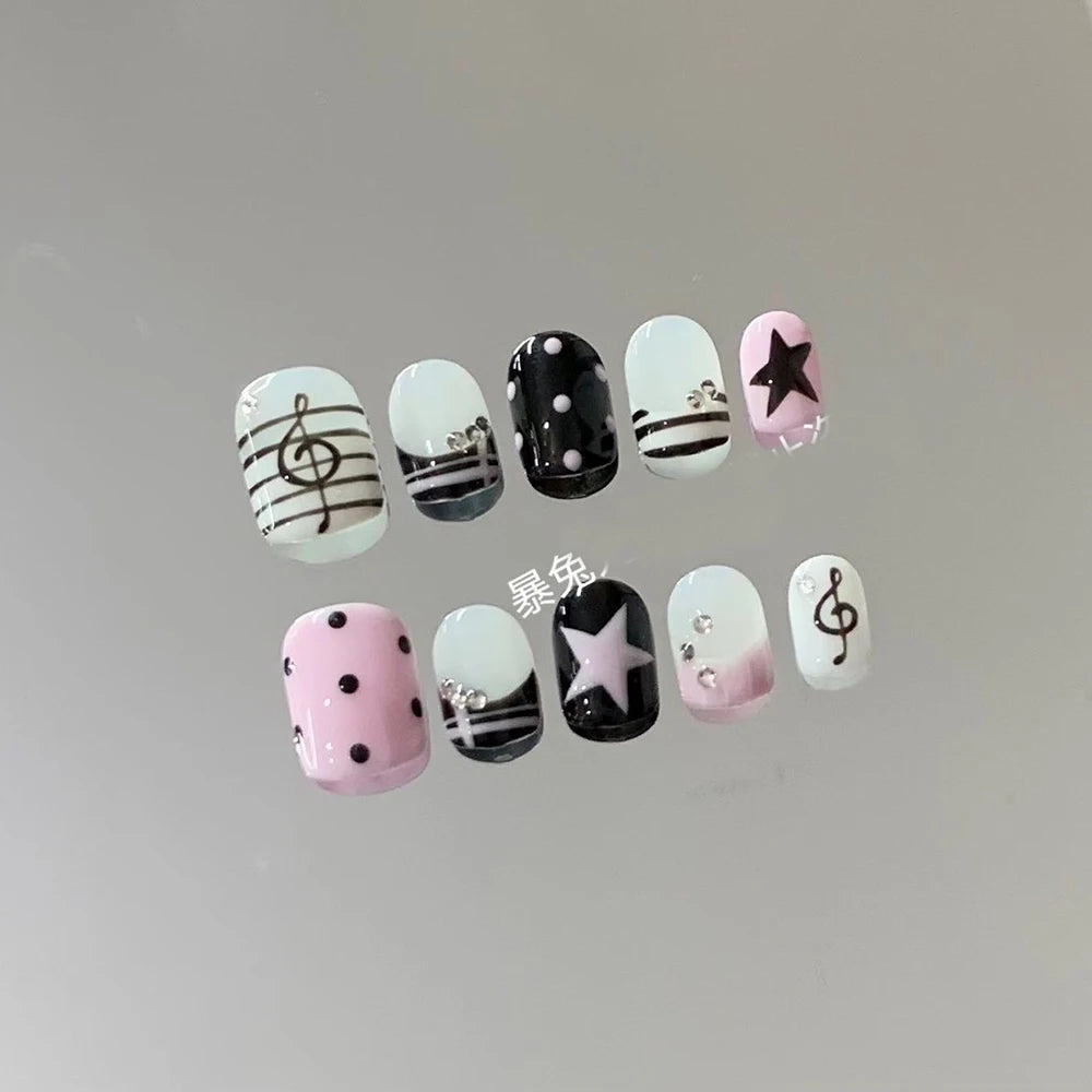 3D Punk Metal Gothic Press On Nail Art Hello Kitty Stiletto Black White Simple Camellia Design Rhinestone Nails Sticker Girls