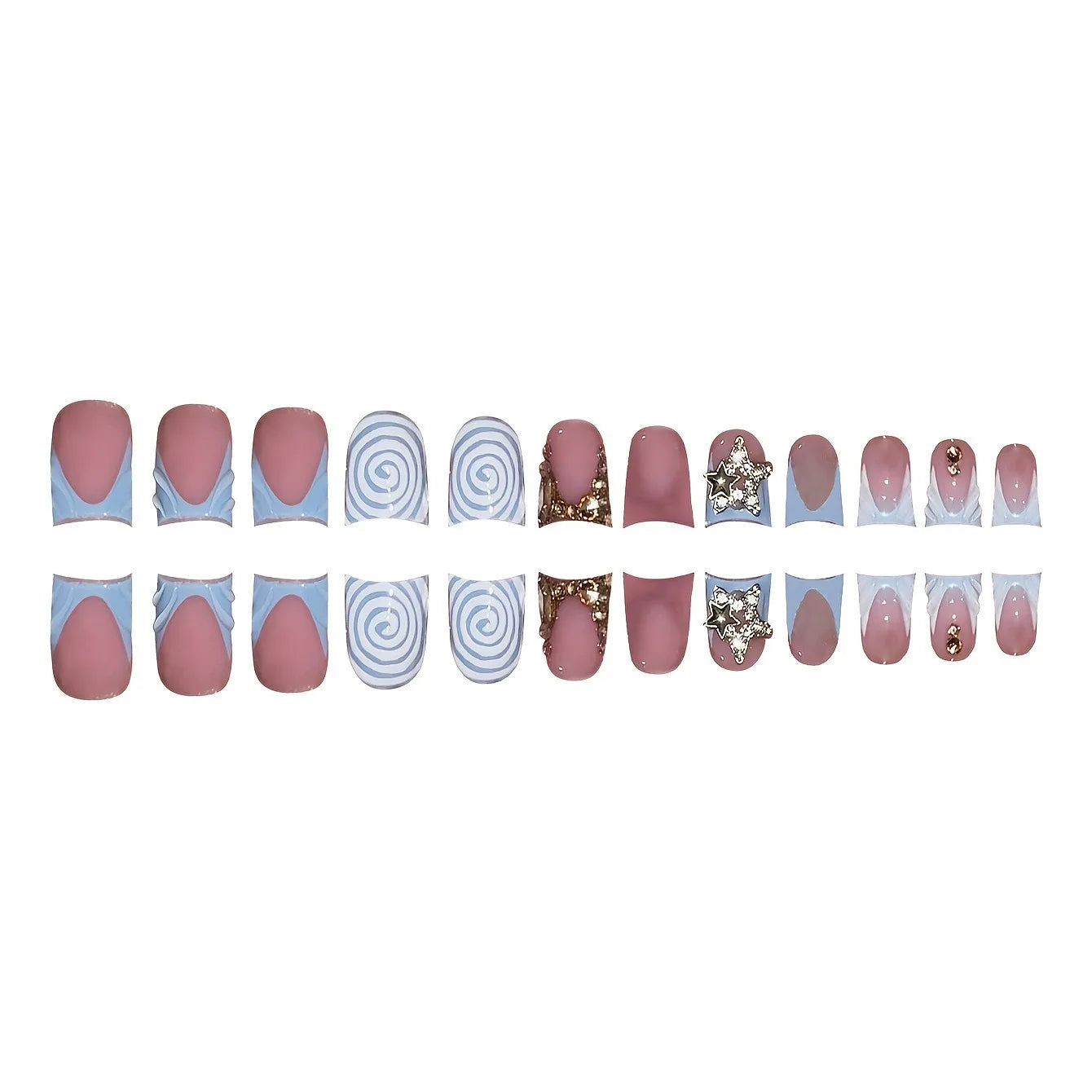 24pcs Short Duckbill False Nails Wearable Blue French Fake Nails Star Flash Rhinestones Decor Gradient y2k Nails Press On Nail