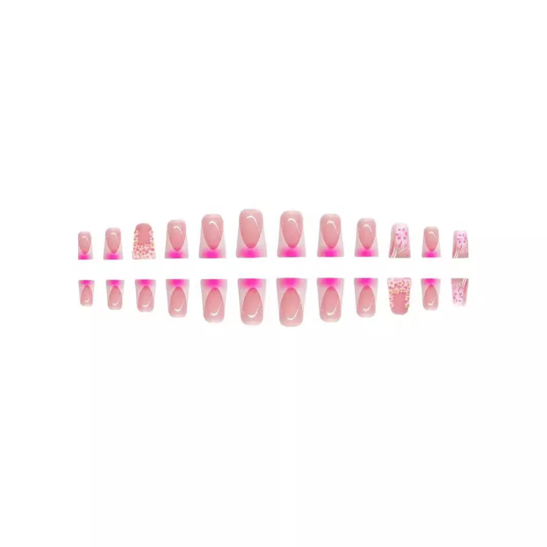 24pcs French Press on Nails Full Flower Design Sweet Korean Style False Nails Wearable European Duckbill Shaped Fake Nail Tips