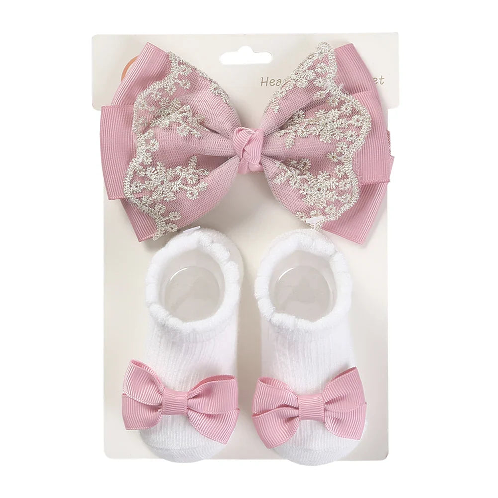 3Pcs/Set Leg Ruffled Cotton Socks Baby Girls  Kids Clothing with Lacework Toddlers Cotton Hair Ribbon Bows Sock Elastic Hairband