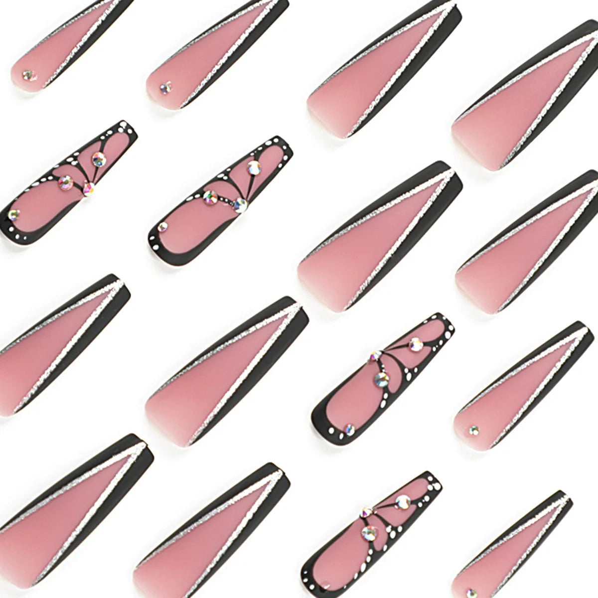 24Pcs Long Ballet False Nails Pink Butterfly with Rhinestones French Design Wearable Fake Nails Glitter Press on Nails Tips Art