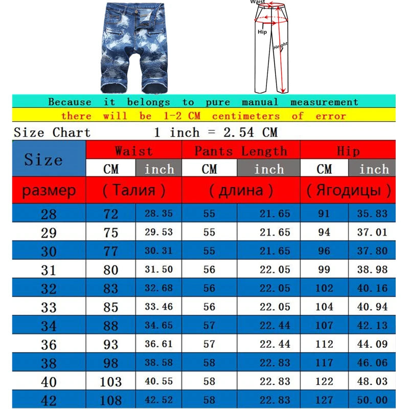 2025 Summer New Men's Jeans Shorts, Pleats and Holes Decorated Shorts, Men Blue White Black Blue Red Denim Shorts