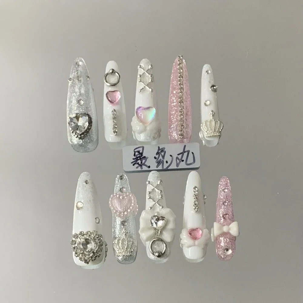 3D Punk Metal Gothic Press On Nail Art Hello Kitty Stiletto Black White Simple Camellia Design Rhinestone Nails Sticker Girls
