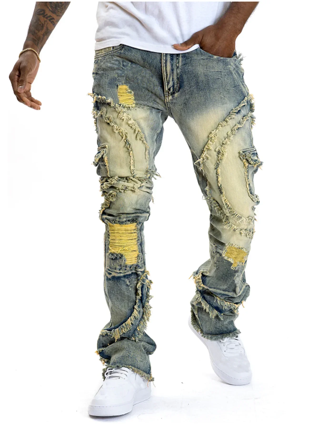 New Men Ripped Stacked Jeans with distressed detailing and slim fit, perfect for casual streetwear.