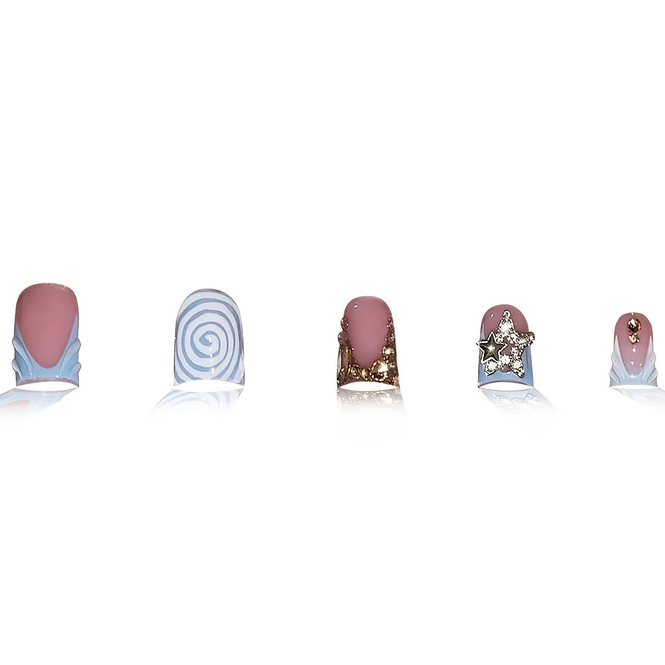 24pcs Short Duckbill False Nails Wearable Blue French Fake Nails Star Flash Rhinestones Decor Gradient y2k Nails Press On Nail