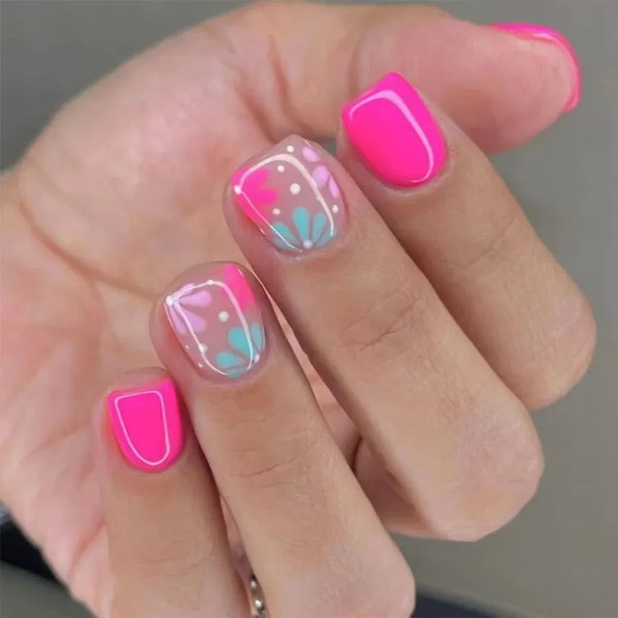24pcs Short Square Press On Nails With Flower Design French Tip Fake Nails Spring Summer Full Cover False Nails For Women Girls
