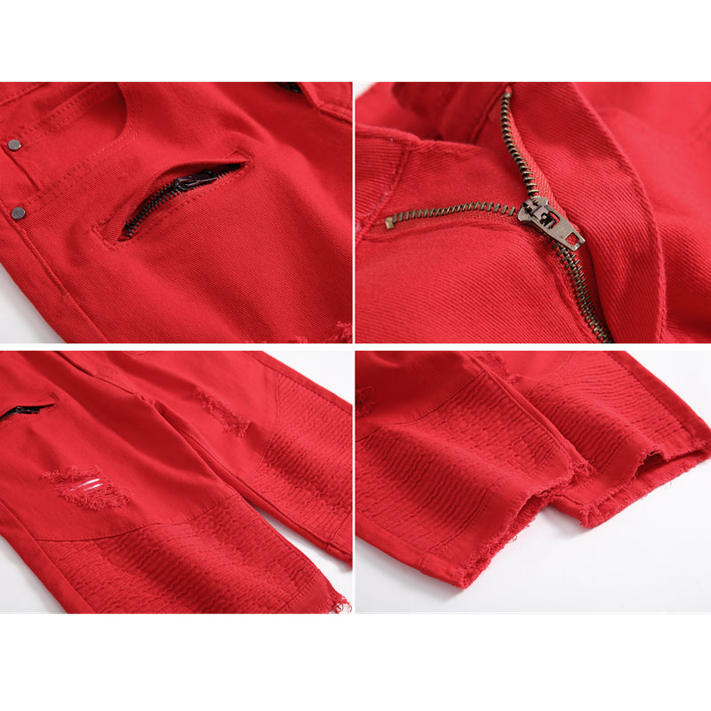 2025 Summer New Men's Jeans Shorts, Pleats and Holes Decorated Shorts, Men Blue White Black Blue Red Denim Shorts