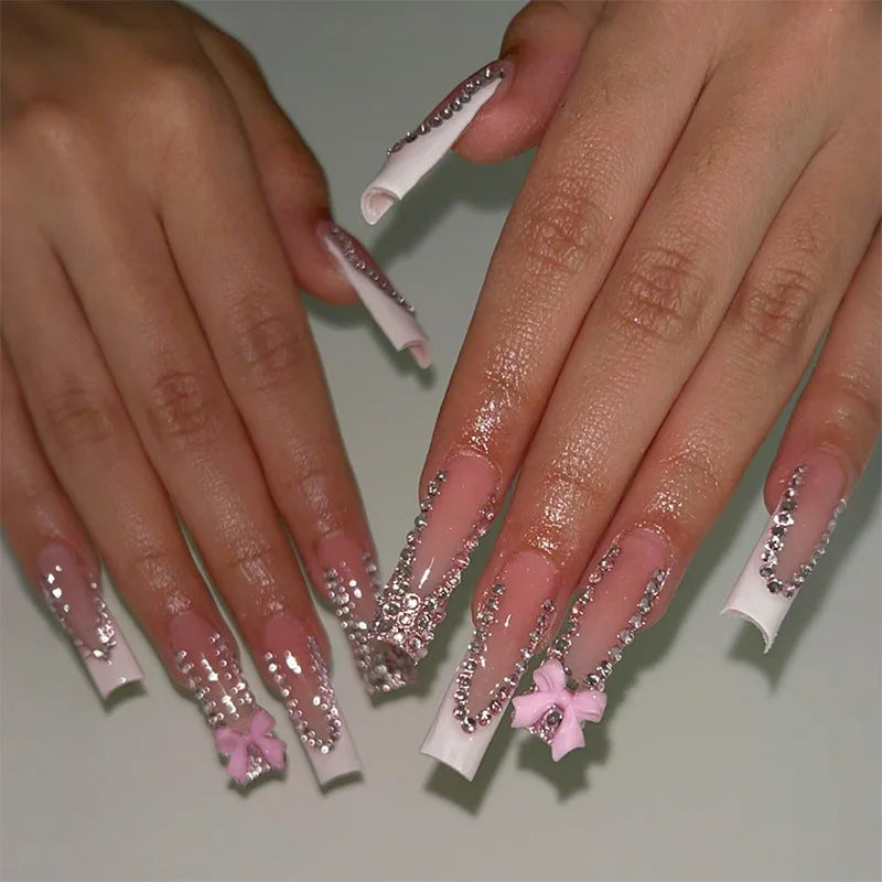 24Pcs Long Ballet False Nails Pink Butterfly with Rhinestones French Design Wearable Fake Nails Glitter Press on Nails Tips Art