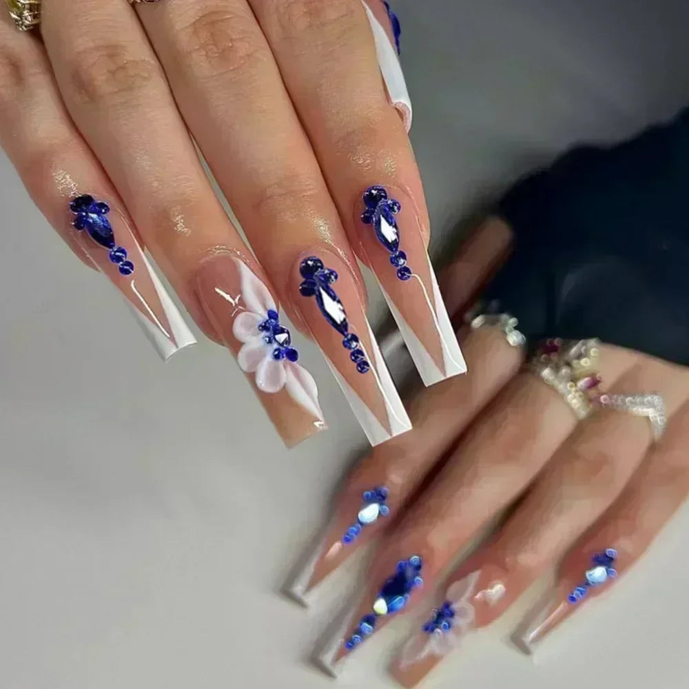 24Pcs Long Ballerina False Nails Press on Nails Serpentine Flower with Rhinestones French Fake Nails Wearable White Nail Tips