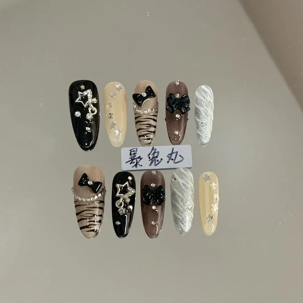 3D Punk Metal Gothic Press On Nail Art Hello Kitty Stiletto Black White Simple Camellia Design Rhinestone Nails Sticker Girls