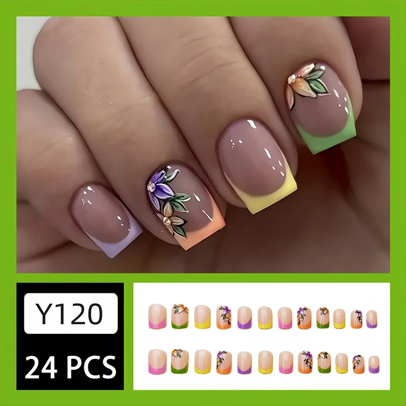 24pcs Short Square Press On Nails With Flower Design French Tip Fake Nails Spring Summer Full Cover False Nails For Women Girls