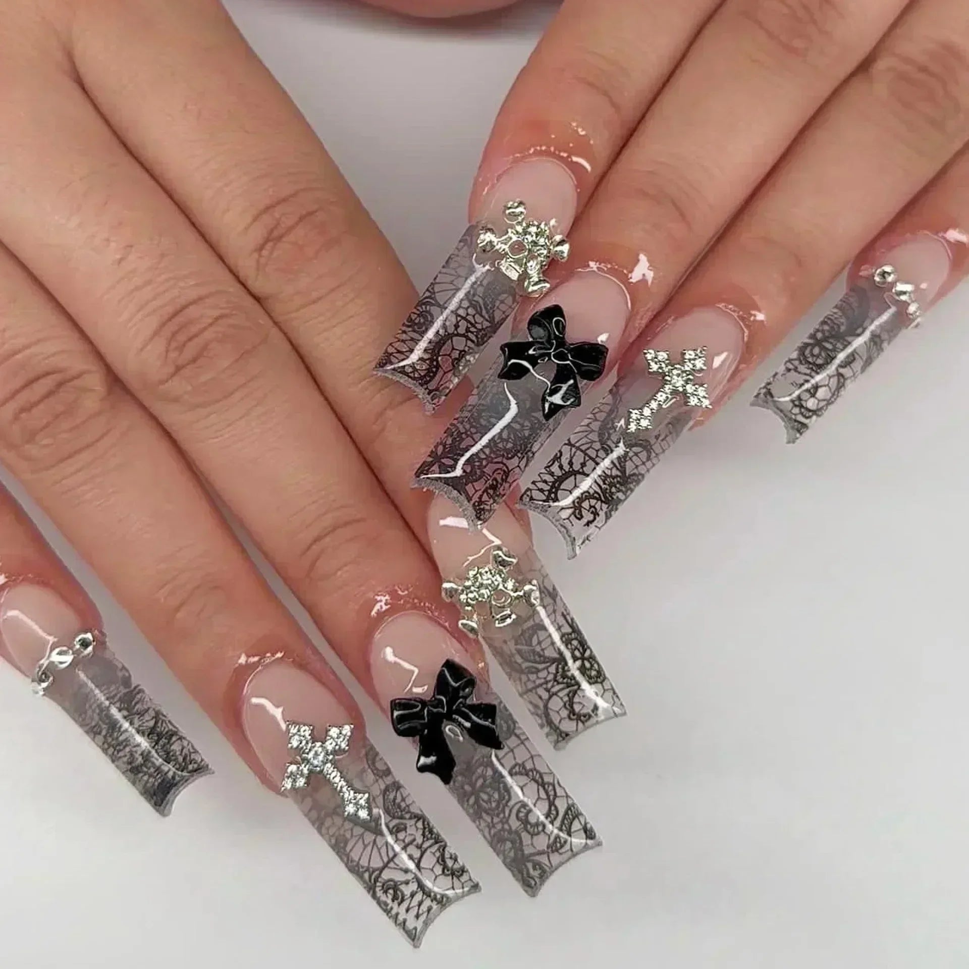 24Pcs Long Ballerina False Nails Press on Nails Serpentine Flower with Rhinestones French Fake Nails Wearable White Nail Tips