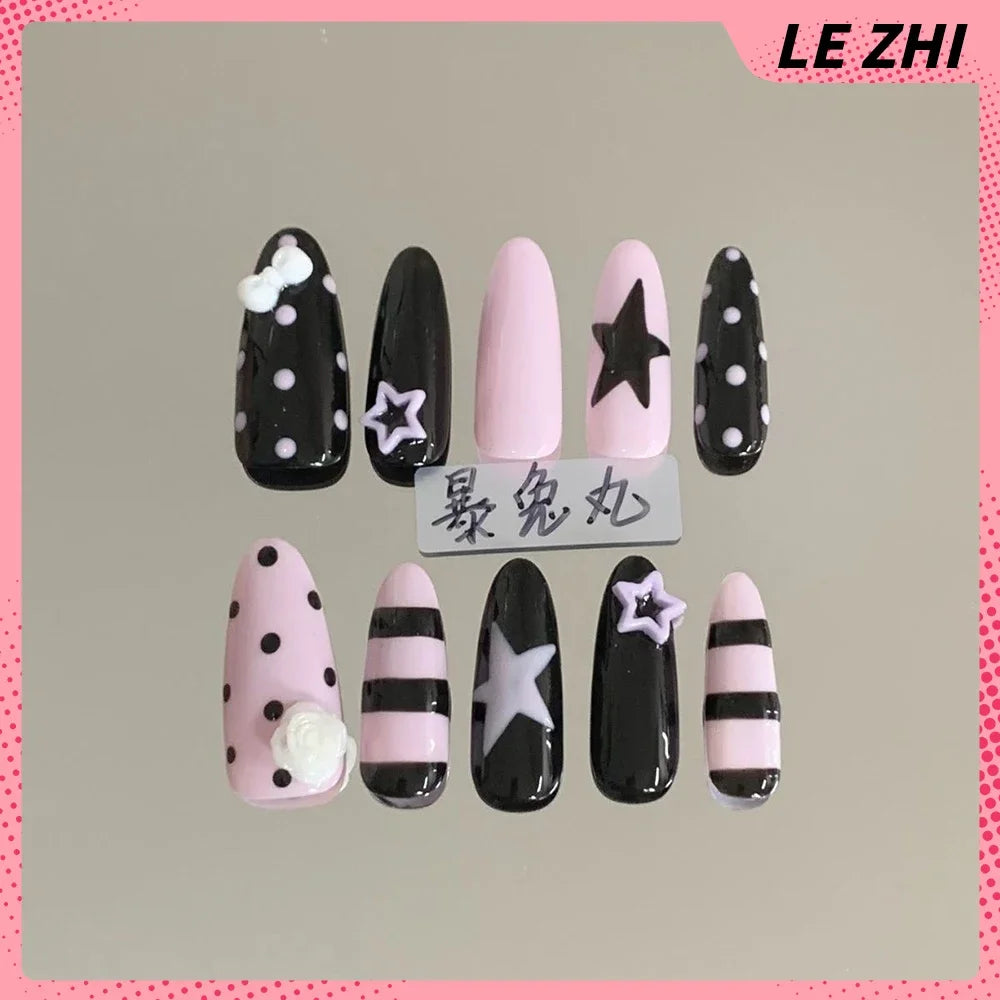 3D Punk Metal Gothic Press On Nail Art Hello Kitty Stiletto Black White Simple Camellia Design Rhinestone Nails Sticker Girls