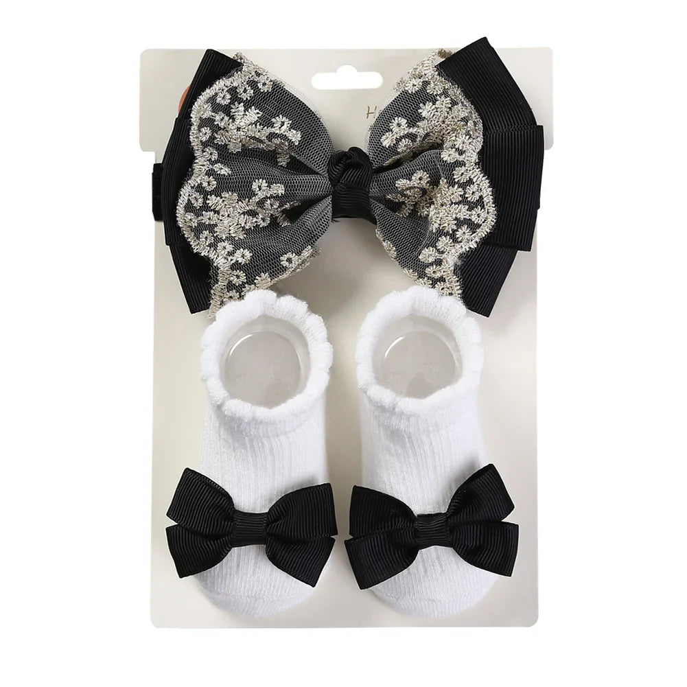 3Pcs/Set Leg Ruffled Cotton Socks Baby Girls  Kids Clothing with Lacework Toddlers Cotton Hair Ribbon Bows Sock Elastic Hairband
