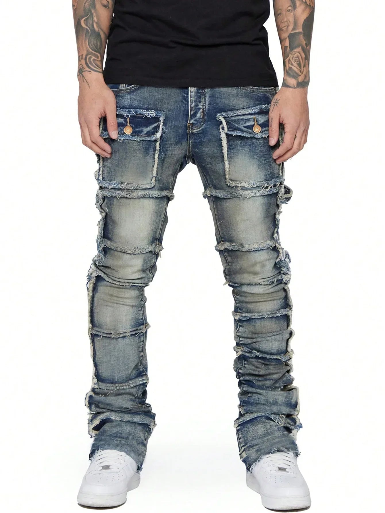 2025 New Trendy Men Jeans with patchwork design, slightly flared fit, European style.