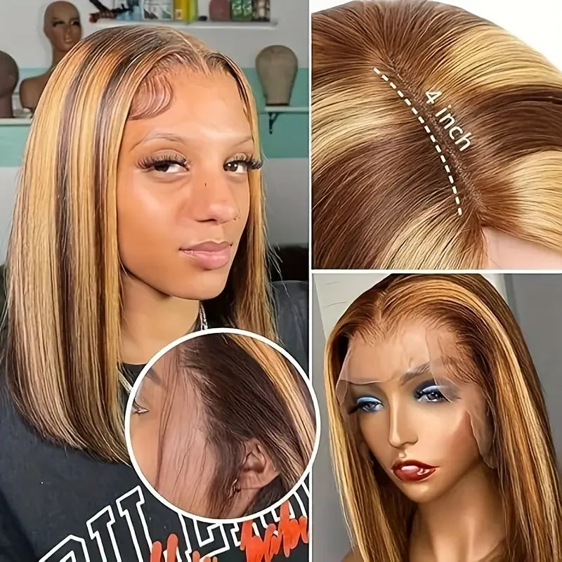 100% Human Hair 4/27 Brown Blonde 13x4 Straight Short Wig  200%Density Pre Plucked Transparent  Lace Human Hair Bob Wigs