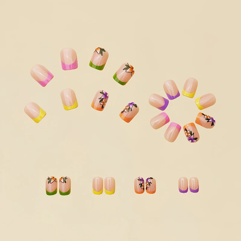 24pcs Short Square Press On Nails With Flower Design French Tip Fake Nails Spring Summer Full Cover False Nails For Women Girls