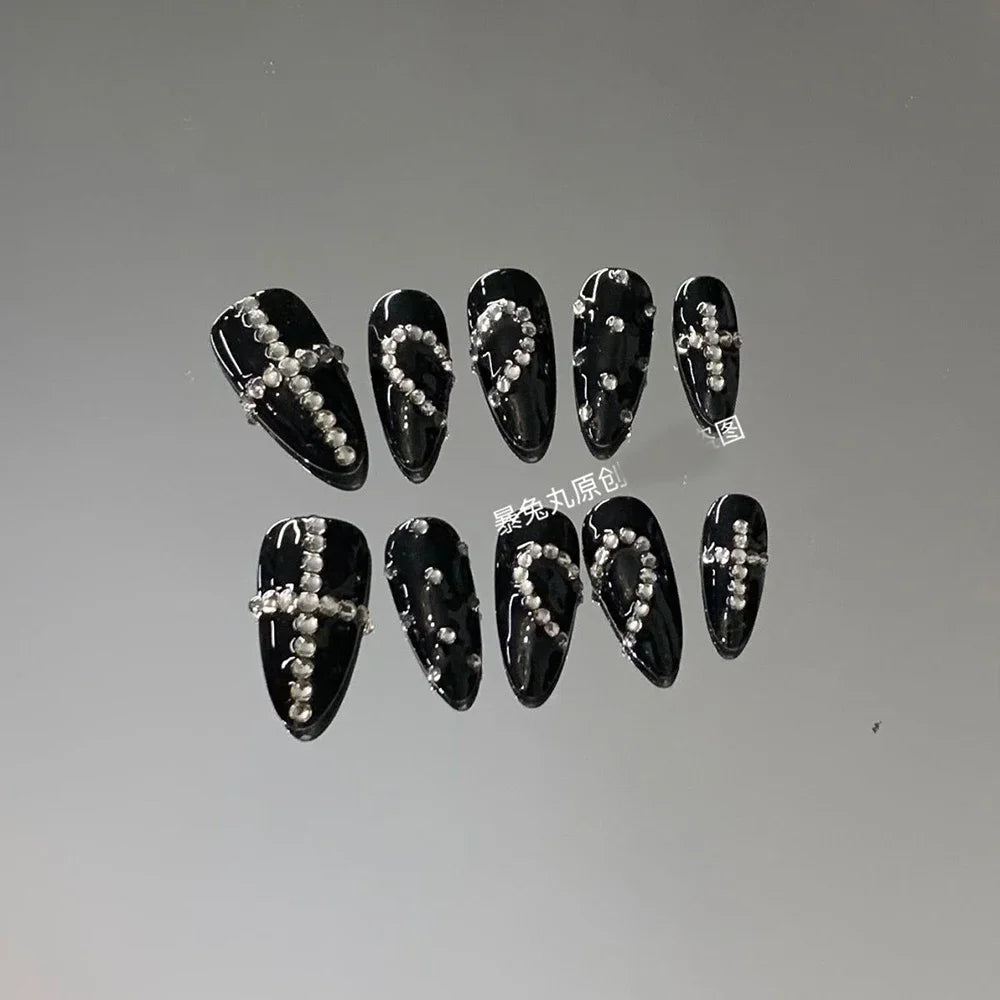 3D Punk Metal Gothic Press On Nail Art Hello Kitty Stiletto Black White Simple Camellia Design Rhinestone Nails Sticker Girls