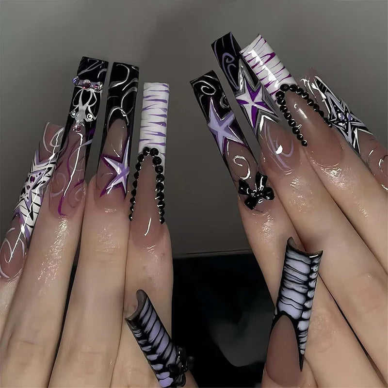 24Pcs Long Ballet False Nails Pink Butterfly with Rhinestones French Design Wearable Fake Nails Glitter Press on Nails Tips Art