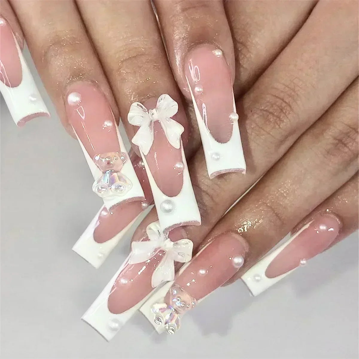 24Pcs Long Ballerina False Nails Press on Nails Serpentine Flower with Rhinestones French Fake Nails Wearable White Nail Tips