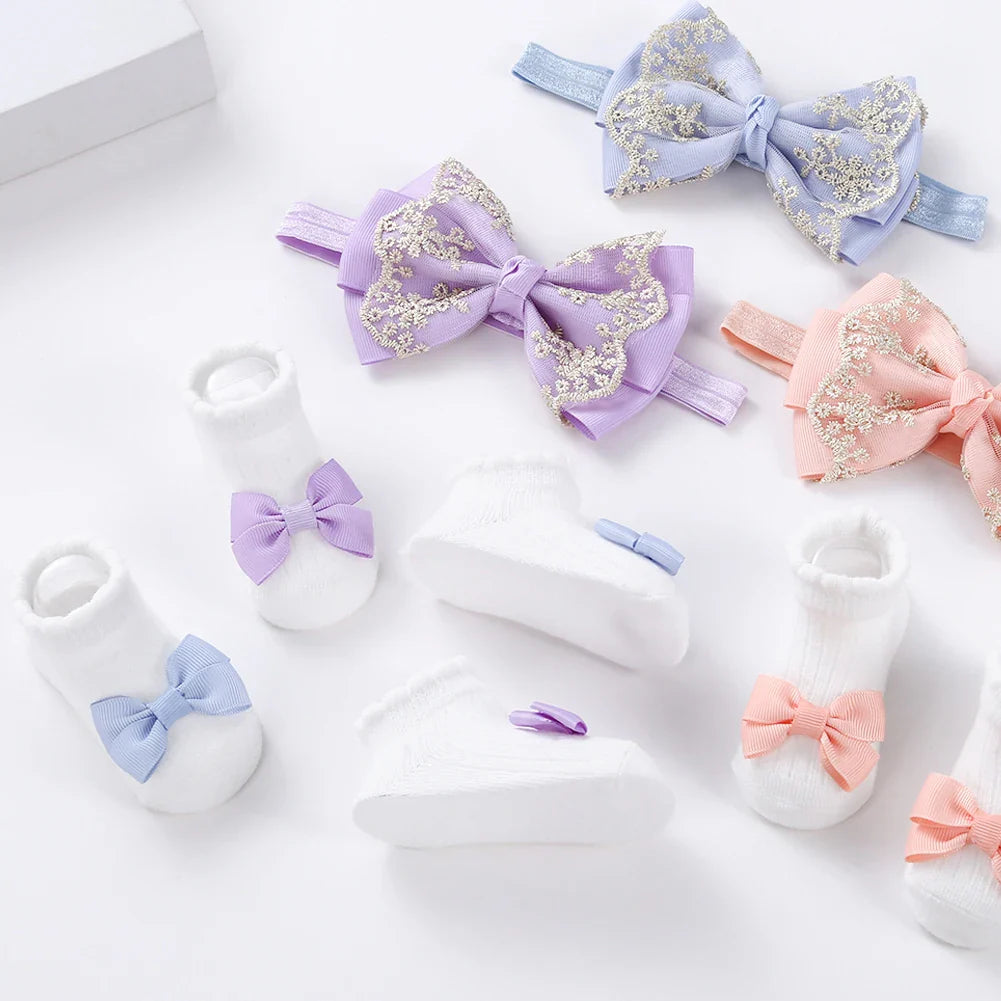 3Pcs/Set Leg Ruffled Cotton Socks Baby Girls  Kids Clothing with Lacework Toddlers Cotton Hair Ribbon Bows Sock Elastic Hairband