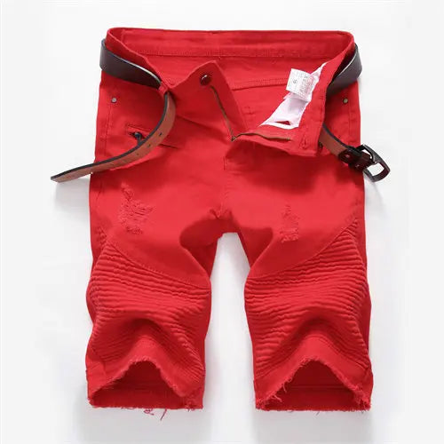 2025 Summer New Men's Jeans Shorts, Pleats and Holes Decorated Shorts, Men Blue White Black Blue Red Denim Shorts