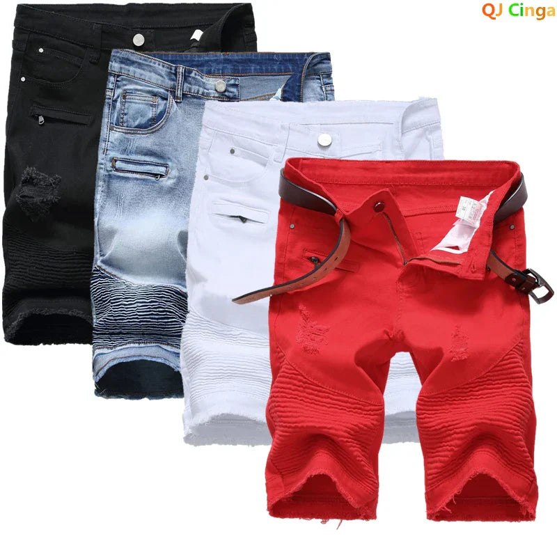Summer men's jeans shorts with pleats and holes, available in black, blue, white, and red, ideal for casual wear.