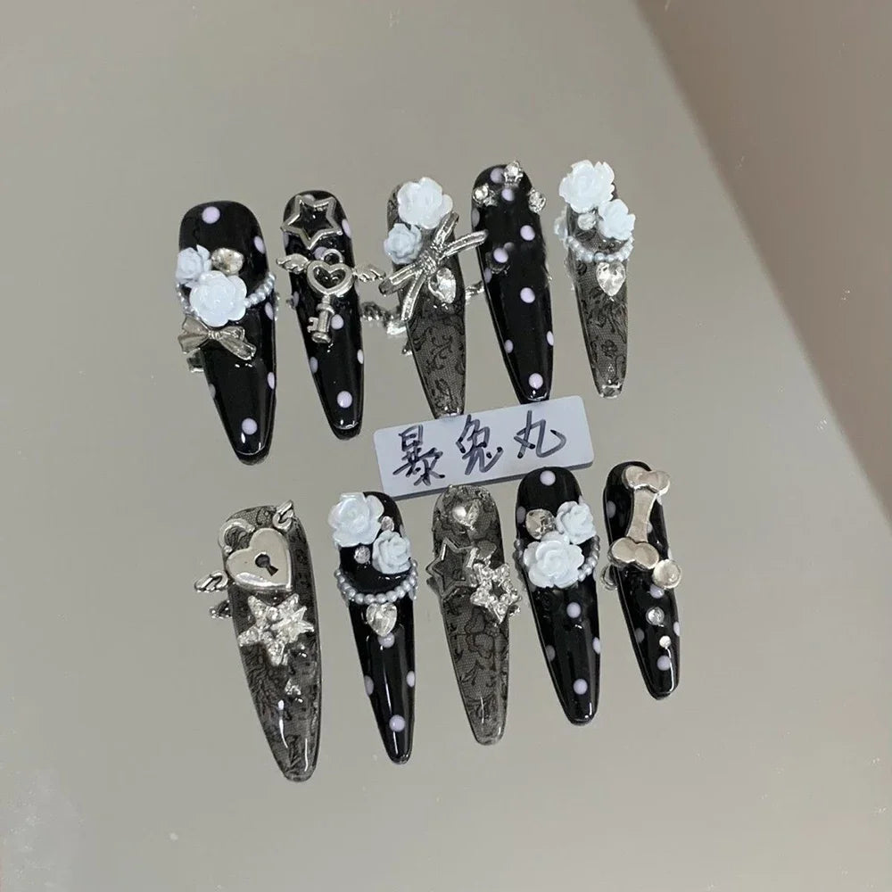 3D Punk Metal Gothic Press On Nail Art Hello Kitty Stiletto Black White Simple Camellia Design Rhinestone Nails Sticker Girls