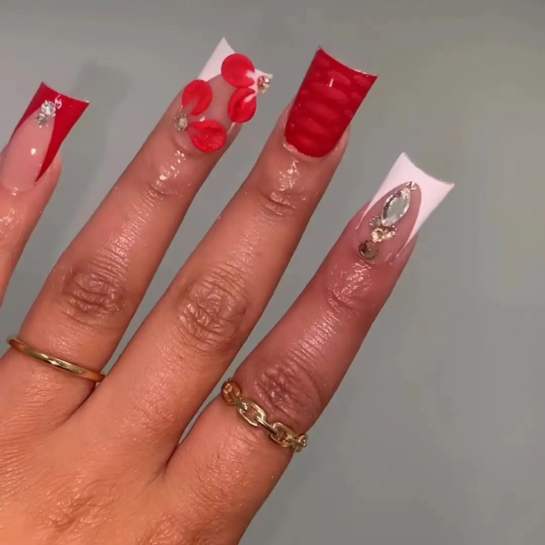 24pcs French Press on Nails Full Flower Design Sweet Korean Style False Nails Wearable European Duckbill Shaped Fake Nail Tips