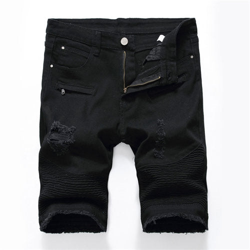 2025 Summer New Men's Jeans Shorts, Pleats and Holes Decorated Shorts, Men Blue White Black Blue Red Denim Shorts