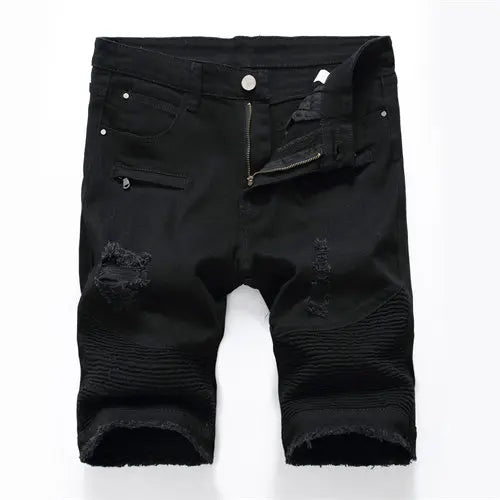 2025 Summer New Men's Jeans Shorts, Pleats and Holes Decorated Shorts, Men Blue White Black Blue Red Denim Shorts