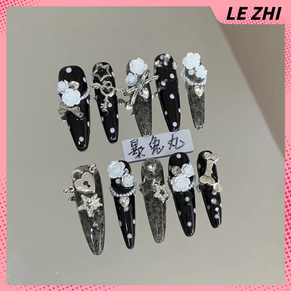 3D Punk Metal Gothic Press On Nail Art Hello Kitty Stiletto Black White Simple Camellia Design Rhinestone Nails Sticker Girls