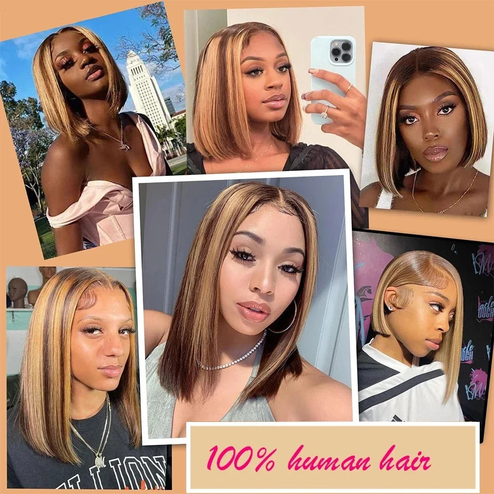 100% Human Hair 4/27 Brown Blonde 13x4 Straight Short Wig  200%Density Pre Plucked Transparent  Lace Human Hair Bob Wigs