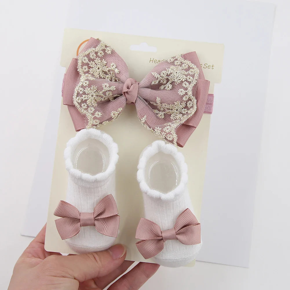 3Pcs/Set Leg Ruffled Cotton Socks Baby Girls  Kids Clothing with Lacework Toddlers Cotton Hair Ribbon Bows Sock Elastic Hairband