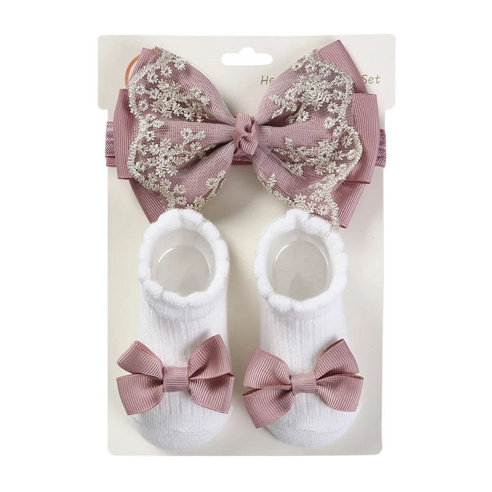 3Pcs/Set Leg Ruffled Cotton Socks Baby Girls  Kids Clothing with Lacework Toddlers Cotton Hair Ribbon Bows Sock Elastic Hairband