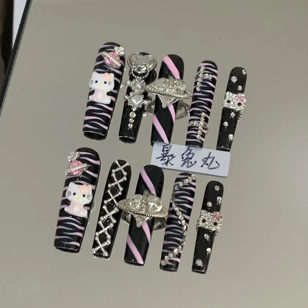 3D Punk Metal Gothic Press On Nail Art Hello Kitty Stiletto Black White Simple Camellia Design Rhinestone Nails Sticker Girls