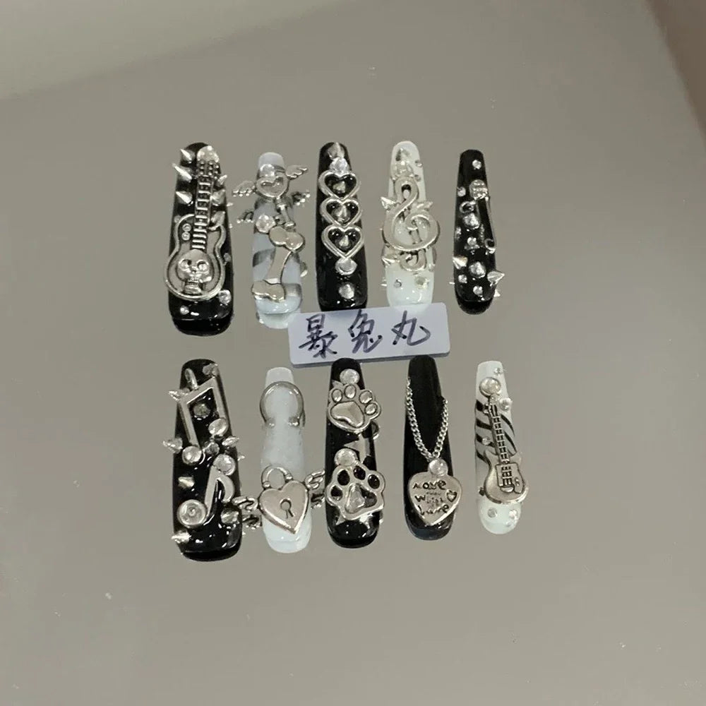 3D Punk Metal Gothic Press On Nail Art Hello Kitty Stiletto Black White Simple Camellia Design Rhinestone Nails Sticker Girls
