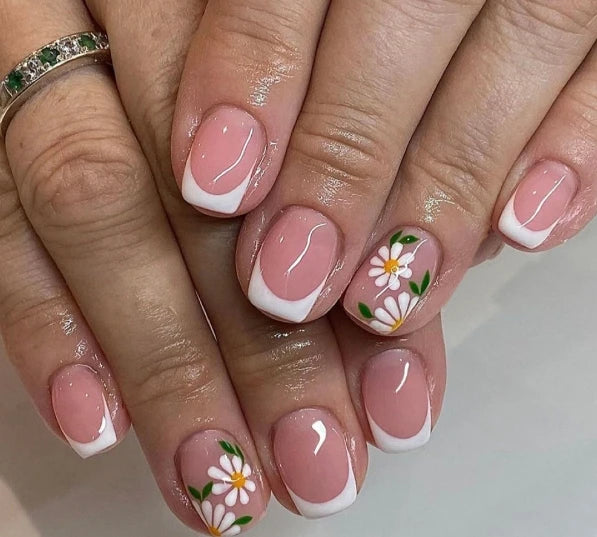24pcs Short Square Press On Nails With Flower Design French Tip Fake Nails Spring Summer Full Cover False Nails For Women Girls