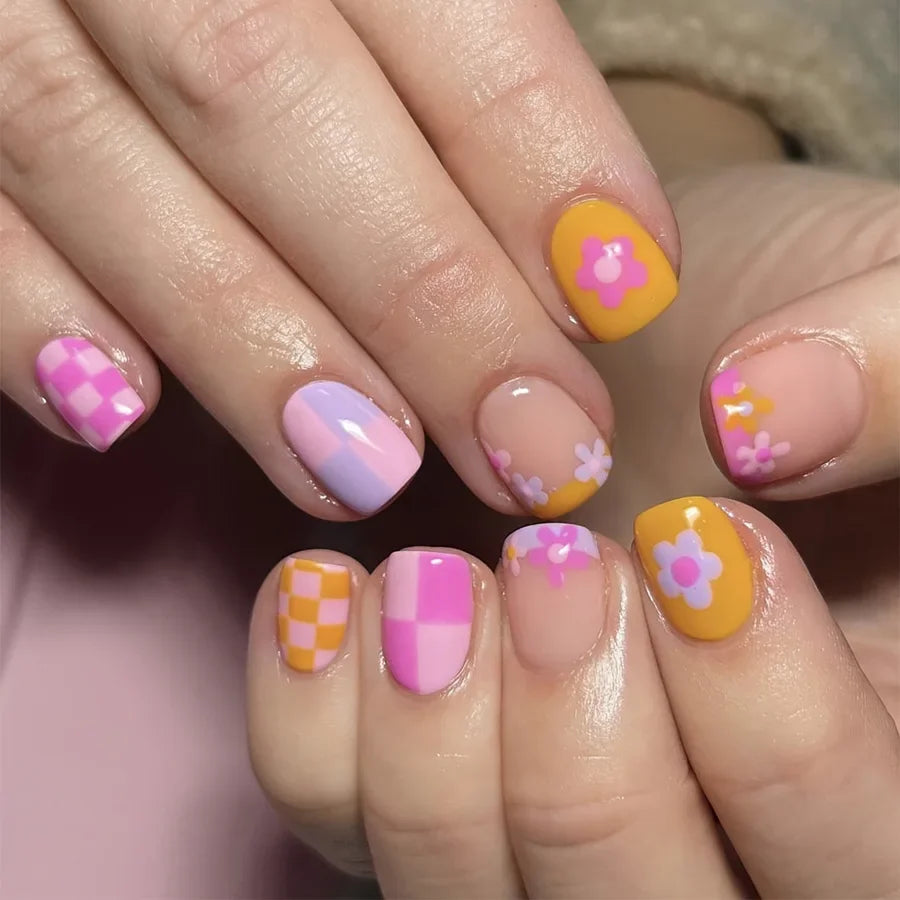 24pcs Short Square Press On Nails With Flower Design French Tip Fake Nails Spring Summer Full Cover False Nails For Women Girls