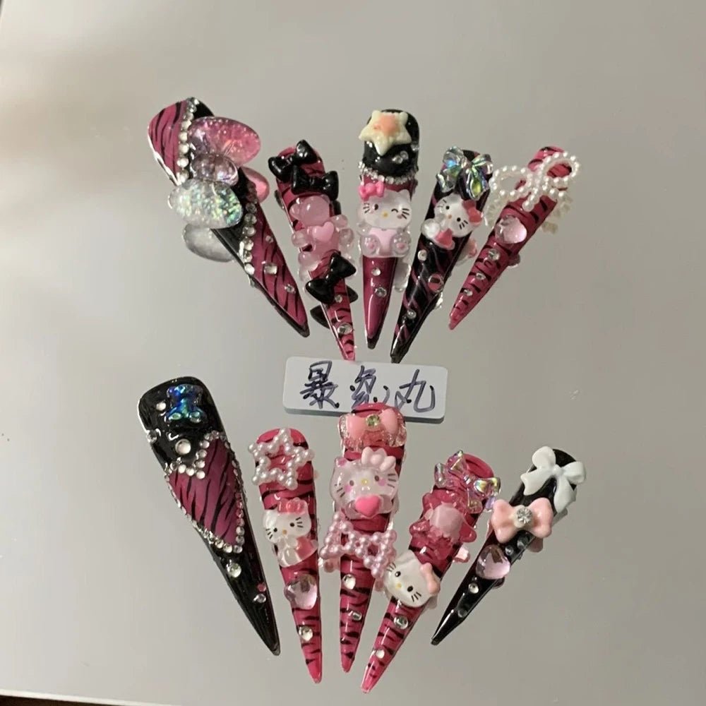 3D Punk Metal Gothic Press On Nail Art Hello Kitty Stiletto Black White Simple Camellia Design Rhinestone Nails Sticker Girls