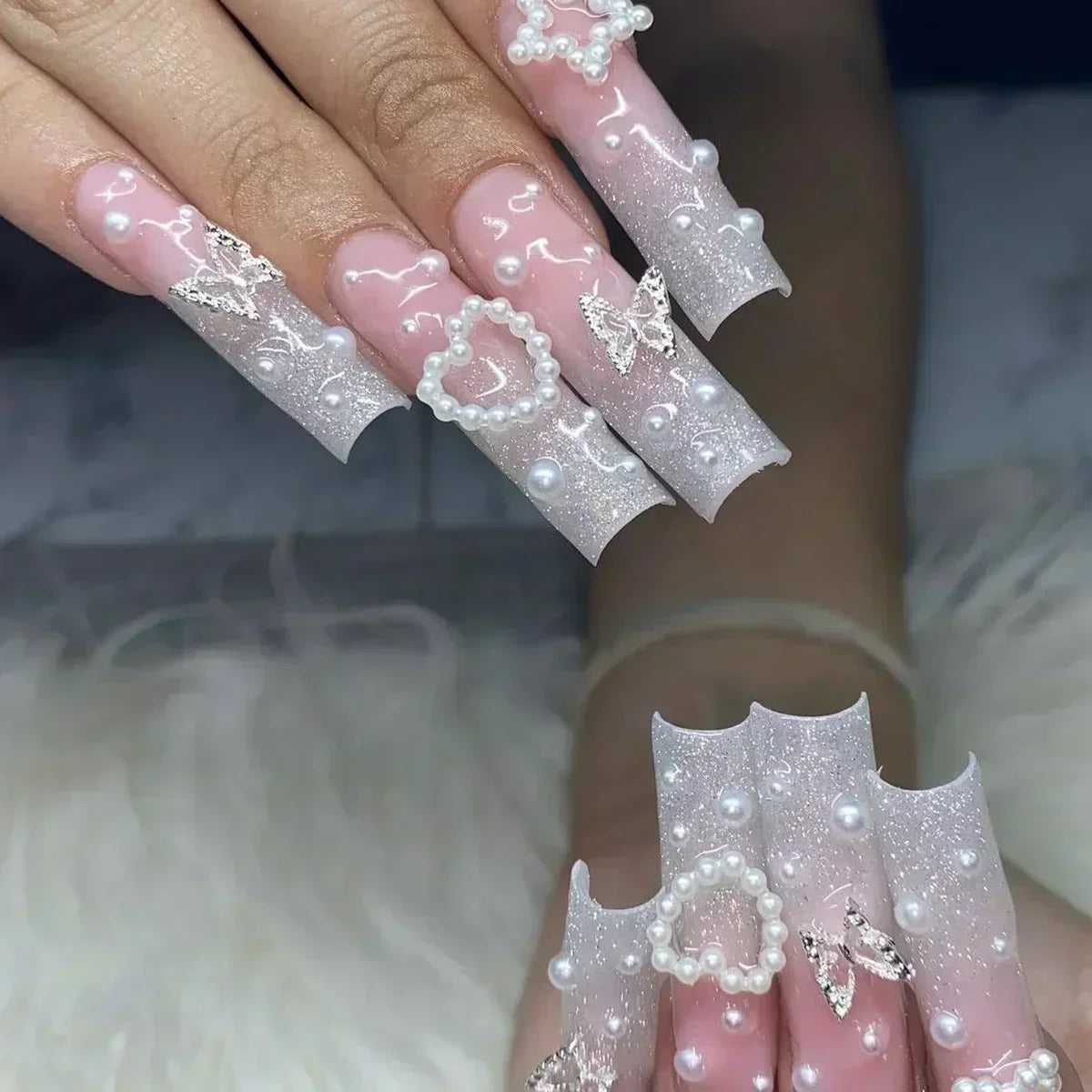24Pcs Long Ballet False Nails Pink Butterfly with Rhinestones French Design Wearable Fake Nails Glitter Press on Nails Tips Art