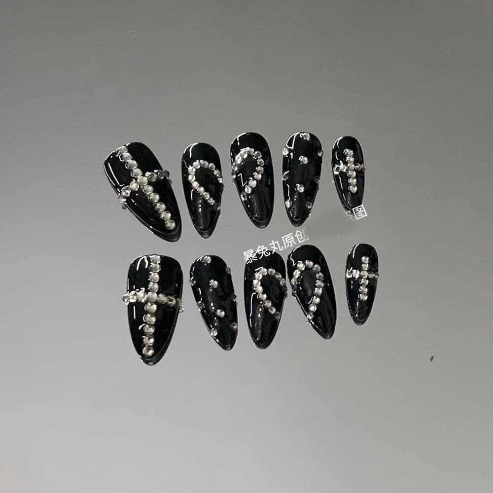 3D Punk Metal Gothic Press On Nail Art Hello Kitty Stiletto Black White Simple Camellia Design Rhinestone Nails Sticker Girls