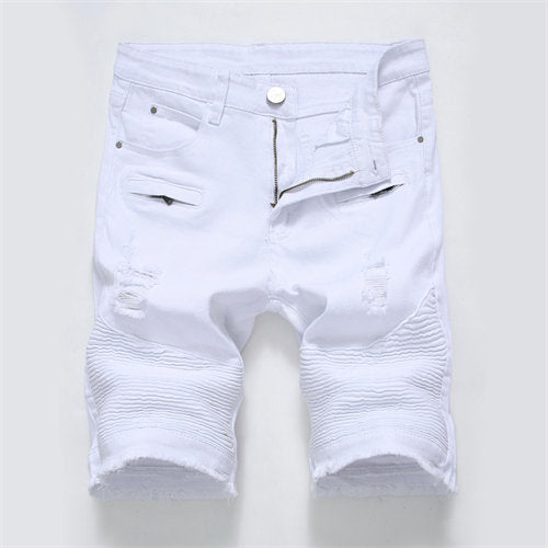 2025 Summer New Men's Jeans Shorts, Pleats and Holes Decorated Shorts, Men Blue White Black Blue Red Denim Shorts