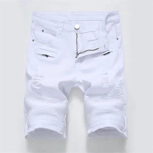 2025 Summer New Men's Jeans Shorts, Pleats and Holes Decorated Shorts, Men Blue White Black Blue Red Denim Shorts