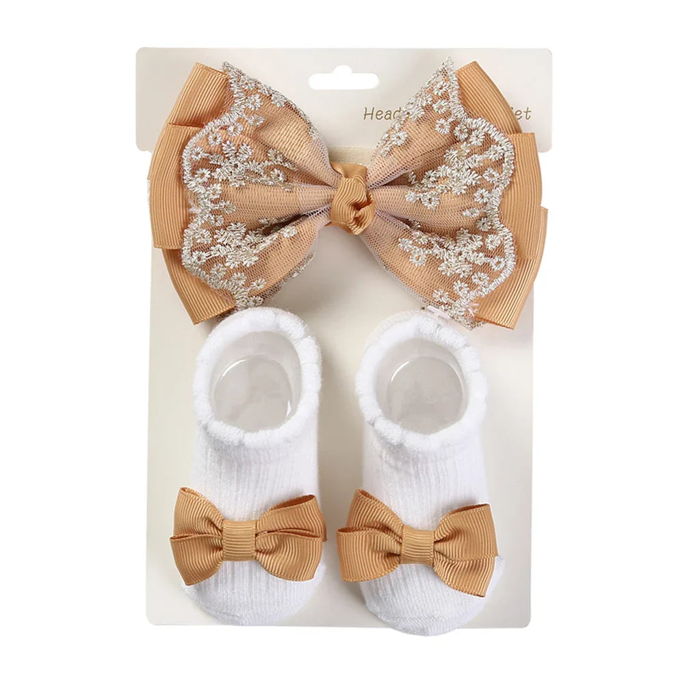 3Pcs/Set Leg Ruffled Cotton Socks Baby Girls  Kids Clothing with Lacework Toddlers Cotton Hair Ribbon Bows Sock Elastic Hairband